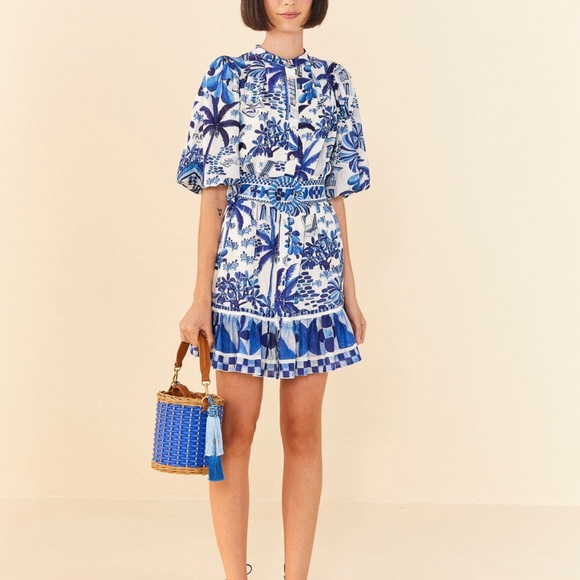 Farm Rio Off-white/Blue Floral Print Women's Mini Dress - Picture 2 of 12